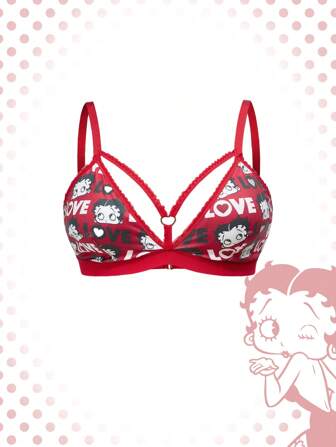 Betty Boop | ROMWE Lencería para mujer de talla grande, sostén sin alambres con parches de encaje y estampado de letras y números