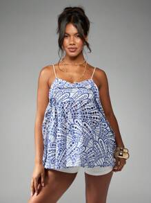 MISSGUIDED Summer Poplin Cami Top Bohemian Paisley Print Frill Babydoll Loose Fit Spaghetti Strap Tank Vacation Beach Resort Wear Blend - White - View 4