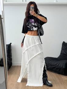 SHEIN EZwear 青少年女孩夏季日常约会夜荷叶边半身裙 - 白色 - 查看 3