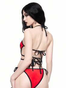 ROMWE Goth Conjunto de bikini de 2 piezas con ribete de contraste, estilo gótico, para Halloween - Multicolor - Ver 2