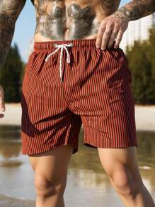 Manfinity Swimmode Men's Striped Drawstring Waist Casual Beach Shorts - Red - View 5