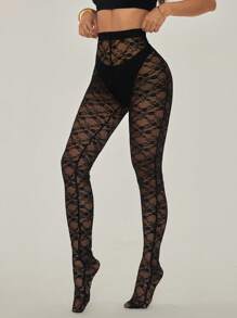 SHEIN PETITE Leggings transparents à taille haute et à dentelle pour femmes