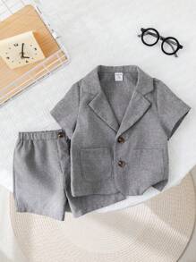 SHEIN 2pcs Baby Boy/Girl Casual Simple Solid Color Short Sleeve Blazer Jacket And Elastic Waist Shorts Set, Suitable For Summer