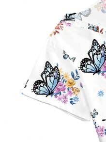 PopScrub Atasan Seragam Kerja Perawat/Dokter Wanita Ukuran Besar Motif Bunga Kupu-kupu Putih Leher V Lengan Pendek, Pakaian Kerja Laboratorium/Sekolah dengan Banyak Kantong Fungsional - Putih - View 4