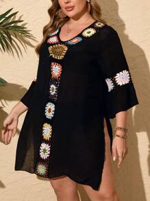 Swim Lushoire Vestito copricostume da donna taglie forti, realizzato a mano all'uncinetto, scollo a V, lavorazione traforata, aderente, con spacco laterale, leggero, adatto per la spiaggia