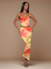 SHEIN BAE 2pcs Women Floral Tie Dye/Bandeau 2 Pieces Summer Vacation Set/Two Pieces Set Women/Playa/Beach Outfits For Woman/Vacation Outfits Women/Vacation/2 Pieces Set/Sets For Women/Matching Sets Women/Rave Outfits Festival/Vacation Two Pieces Set/2 Pieces Set Summer - Orange - View 3