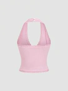 Sweetra Débardeur moulant à imprimé carreaux pour femme, col licou, en maille et dentelle, coupe ajustée, printemps/été - Rose bonbon - Voir 2