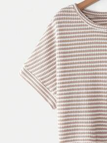 SHEIN VCAY T-shirt court assorti tout-aller de style boho western à rayures abricot et blanc, col rond, grande taille, polyvalent