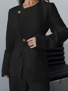 Firerie 节日时尚优雅通勤白色圆领金属纽扣收腰长袖不对称下摆西装外套和高腰阔腿裤套装，白色春夏装情人节，秋冬商务休闲女士 - 黑色 - 查看 6