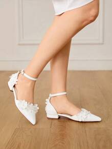 CUCCOO HITCHD Women's Pointed Toe Cute Faux Pearl Flower Decor White Wedding & Party Flat Single Hollow Shoes For Christmas - White - View 12