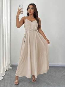 Maweii Plus Size Elegant Solid Color Spaghetti Strap Dress Maxi Women Outfit - Khaki - View 3