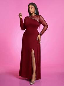 Slaydiva 1 pièce Robe de soirée élégante contrastée à mailles pour femme grande taille, pour l'automne