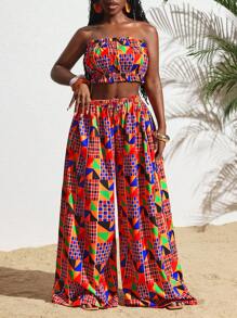 Slaydiva 夏季新品度假彩色钻石格纹印花荷叶边下摆抹胸+松紧腰阔腿裤女两件套 - 彩色 - 查看 6