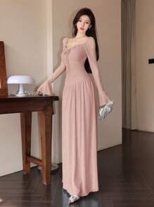 Modelyn 女式网眼系带喇叭袖不对称褶饰优雅约会连衣裙女式正式派对连衣裙 - 粉色 - 查看 8