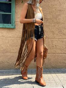 Breezaya Plus Size Sleeveless Long Fringe Music Festival Coat, Atmospheric