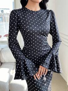 Modelyn Vestito lungo elegante e aderente da donna con maniche a sbuffo e stampa a pois