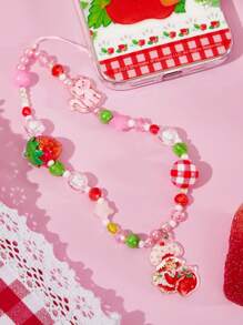Strawberry Shortcake X SHEIN 手工串珠草莓手机挂绳/挂饰，粉色，可爱猫咪，甜美女孩，适用于所有手机壳，送礼佳品，春夏皆宜，海滩度假必备 - 彩色 - 查看 2
