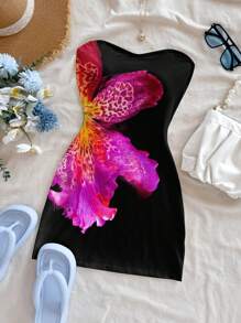 Soleia Vestido mini informal de estilo resort con estampado floral tropical, adecuado para verano y playa