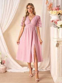 Ellevyn Vestido de media pantorrilla para invitados de boda color rosa para mujer, para primavera/verano