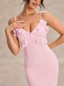 SHEIN BAE Women's Spring And Summer Solid Color Suspender V-Neck Ruffle Front Slit Chiffon Holiday Elegant Backless Dress Suitable For Wedding Bridesmaid Dress Prom Dress - Baby Pink - View 6