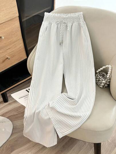 Franclia Women's Linen-Like Striped Decor Flare Leg Wide Leg Pants, Elastic Waist, Casual Vacation Wear, Spring/Summer Fall Cloth For Women