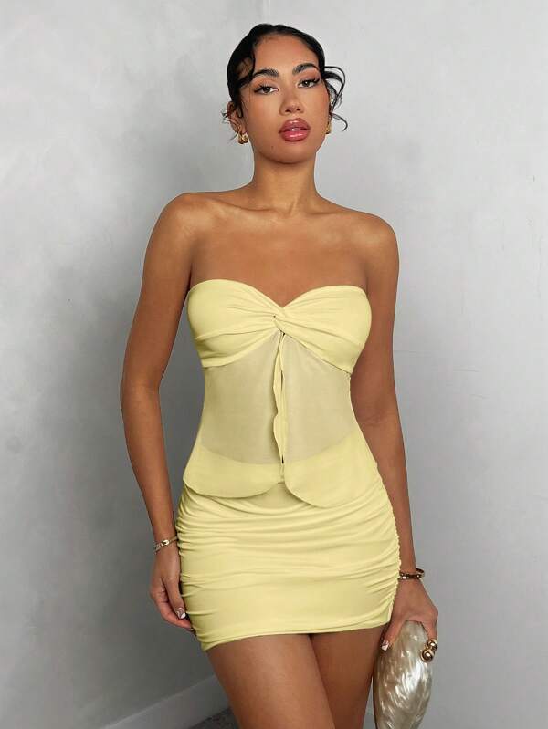 Glamine Women's Vacation Solid Color Twist Bandeau Top And Ruched Mini Skirt Sexy 2 Pieces Set Yellow Dresses For Women Yellow Two Pieces Outfit Women Summer Set
