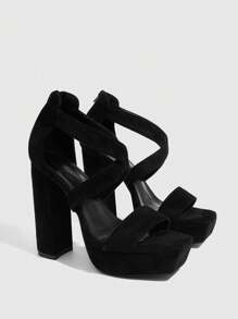 Cuccoo CUCCOO LuxiPop Women's Fashion Black Suede-Like Straps Combo Rear Zipper Convenient Slip-On, Stable Thick Platform Chunky High Heel Sandals, Suitable For Commute, Date, Party, Holiday, Music Festival, Wedding