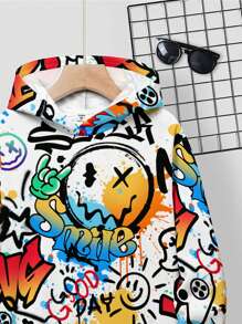 SHEIN Tween Boy Casual Loose Fit Graphic Print Pullover Hoodie Sweatshirt, Minimalist Style For Autumn/Winter