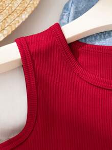 Genkimix Kids 小女孩幼儿夏季罗纹背心韩版可爱拼接无袖衬衫蝴蝶刺绣和宽松直筒牛仔裤两件套 - 酒紅色 - 查看 7