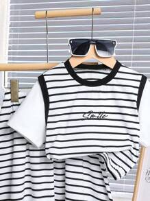 SHEIN Genkimix 2pcs/Set Young Girls Creative Letter Embroidery Color Block 2 In 1 Short Sleeve T-Shirt + Casual Black & White Striped Skirt Outfit, Summer - Black and White - View 5