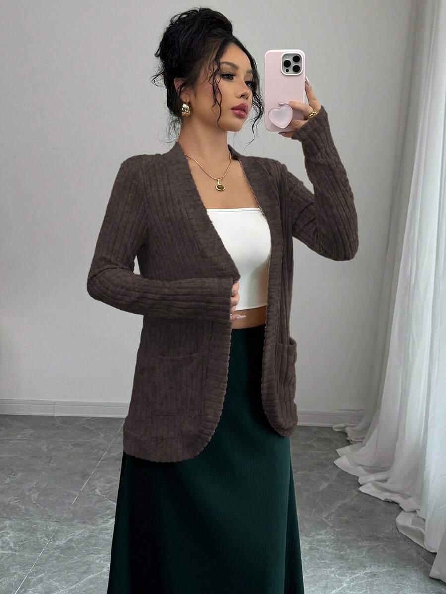 Elenzga Women's Casual Ribbed Knit Side Pockets Jacket, Outwear - Chocolate Brown - View 1