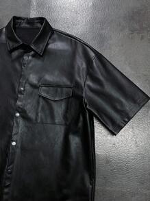 Manfinity Hypemode Men's Casual Solid Color Short Sleeve Shirt - Black - View 4