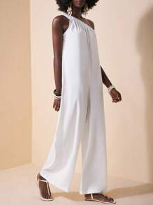 Zivah 波西米亞風夏季寬鬆單肩無袖寬褲橘色連身褲