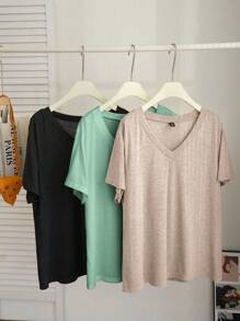 Comfortcana 3 件套大码休闲 V 领 A 字形 T 恤，春夏 - 彩色 - 查看 3