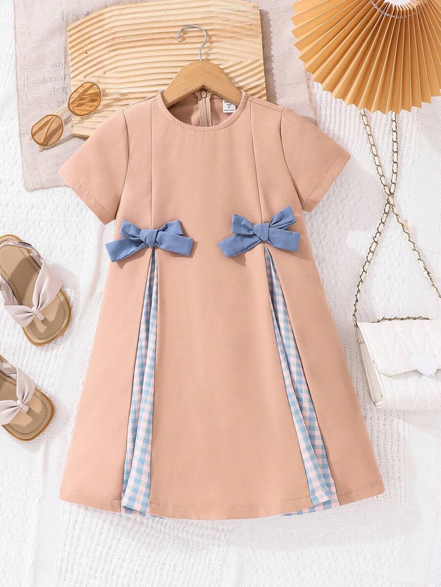 SHEIN LMoss Kids Kleine Mädchen LMoss Lässig Sommer Farbblock bedrucktes Schleifchen Rundhalskurzarm Kleid, ideal für Lässig & Alltagsmode