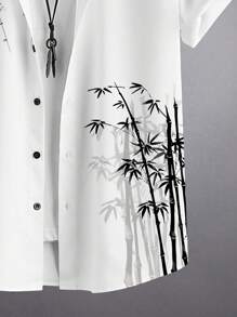 Manfinity Homme Bamboo & Plum Blossom Ink Painting Print Men's Short Sleeve Stand Collar Casual Shirt - White - View 3