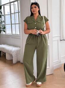 SHEIN EZwear Olive Green Plus Size Jumpsuit With Cap Sleeve, And Pockets - Army Green - View 5