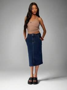 MISSGUIDED Falda midi de jean, de talle alto, diseño en A por debajo de la rodilla, con bolsillos laterales. Uso casual, de oficina, moda modesta para otoño e invierno - Azul - Ver 6
