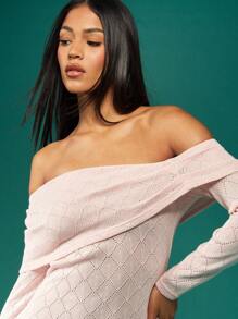 MISSGUIDED Vestido mini ajustado de manga larga con hombros descubiertos y diseño de diamante tejido, para fiesta de invierno, club y noche. Moda contemporánea. - Rosa - Ver 3
