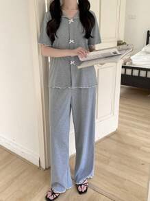 SHEIN Dozemod Teen Girl Teen Girl Simple Ribbon Bow Decor V-Neck Ruffle Sleeve Soft & Cozy Knit Ribbed Loungewear 2 Pieces Set - Grey - View 4
