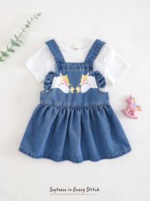 Cozy Pixies Baby Girl Plant & Floral Pattern Square Neck Cap Sleeve Waisted Cap Sleeve Dress - Blue - View 3
