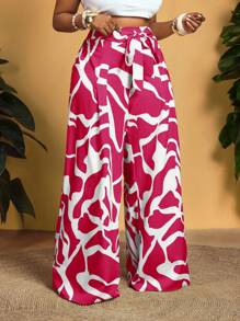 Slaydiva 大码假日休闲印花阔腿裤 - 玫紅色 - 查看 5