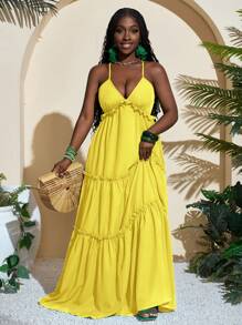 Slaydiva Boho Vacation Casual Backless Halter Dress - Yellow - View 3