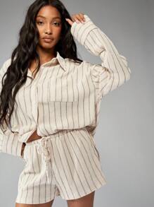 MISSGUIDED 条纹纽扣衬衫和短裤套装家居服休闲夏季海滩度假两件套长袖套装 - 杏色 - 查看 6