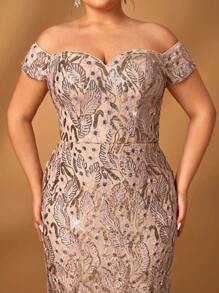 Serin 大码优雅浪漫香槟色奢华亮片刺绣 V 领露肩鱼尾下摆新娘妈妈礼服 - 香檳色 - 查看 2