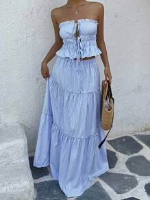 SHEIN SunnyBelle Fashionable Striped Tie Front Set - Sexy Bandeau Crop Top + Patchwork Ruffled Skirt - Blue and White - View 6