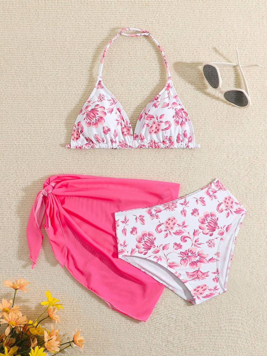 SHEIN Tween Girl' Cute Ditsy Floral Patterned Triangle Top And Skirt Swimwear Set (Random Print) - Hot Pink - View 1