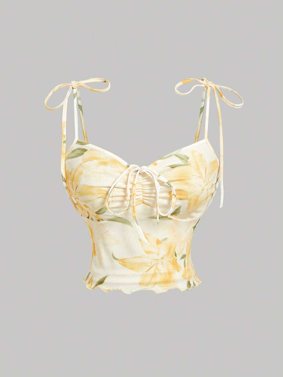 SHEIN MOD 女式黄色花朵图案吊带背心，夏季短款背心，音乐节，西部女装，露背上衣，可爱夏季上衣 - 黃色 - 查看 1