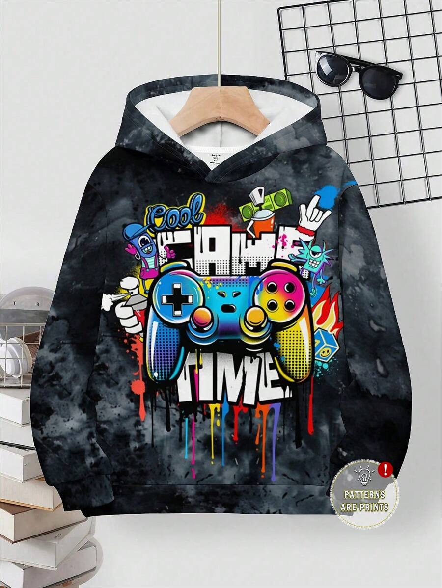 SHEIN Tween Boy Casual Minimalist Cartoon Game Console Graphic Long Sleeve Hoodie, Suitable For Autumn/Winter Game Day - Multicolor - View 1