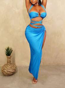 BamGleam Women's Vacation Solid Color Ring Connect Crisscross Halter Tank And Mini Skirt Fashion 2 Pieces Set - Blue - View 3